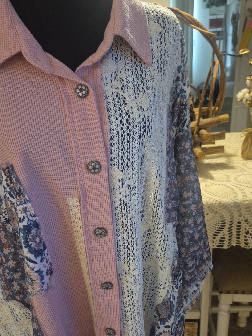 POL Patchwork Floral & Lace Blazer Jacket in Pink, Blue, and Cream - Picture 3 of 13